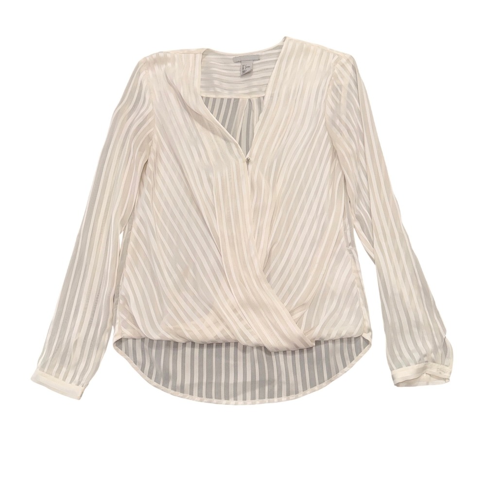 HM Womens White Striped Sheer Wrap Front Blouse V-Neck Long Sleeve Size 4